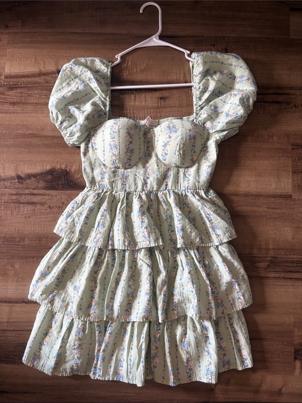mine Pale Green Floral Tiered Mini Dress